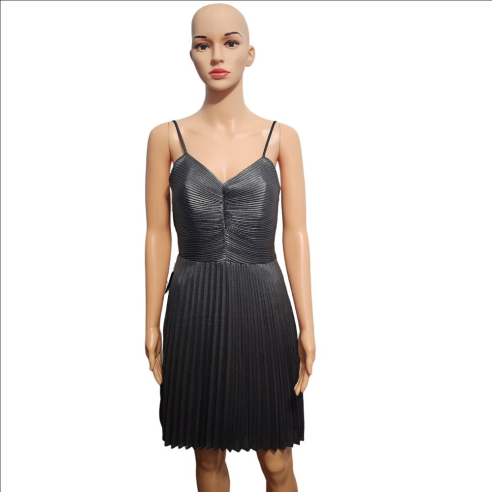 Express Metallic Pewter Pleated Bow Back Party Cyber Glam Dress Sz S - Picture 2 of 6
